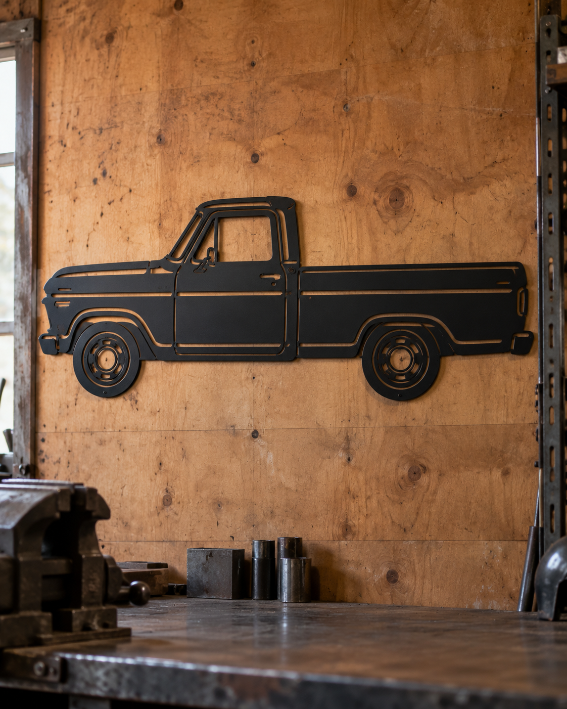 Pickup truck silhouette cut from black steel